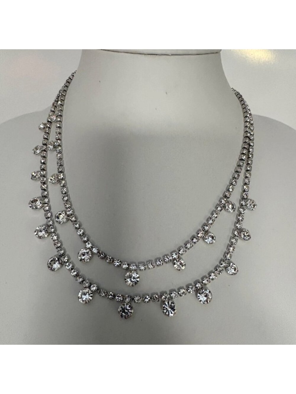 Double-Strand Rhinestone Necklace Dangling Accents Adjustable 16.5-19.5 Inches